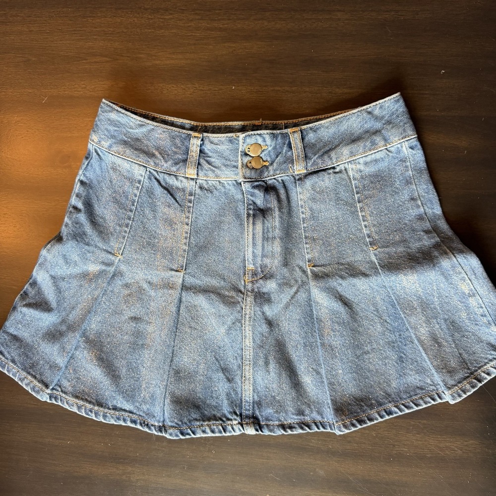 Zara Gold Shimmer Pleated Denim Mini Skirt Blue Metallic Glitter Size XS NWOT